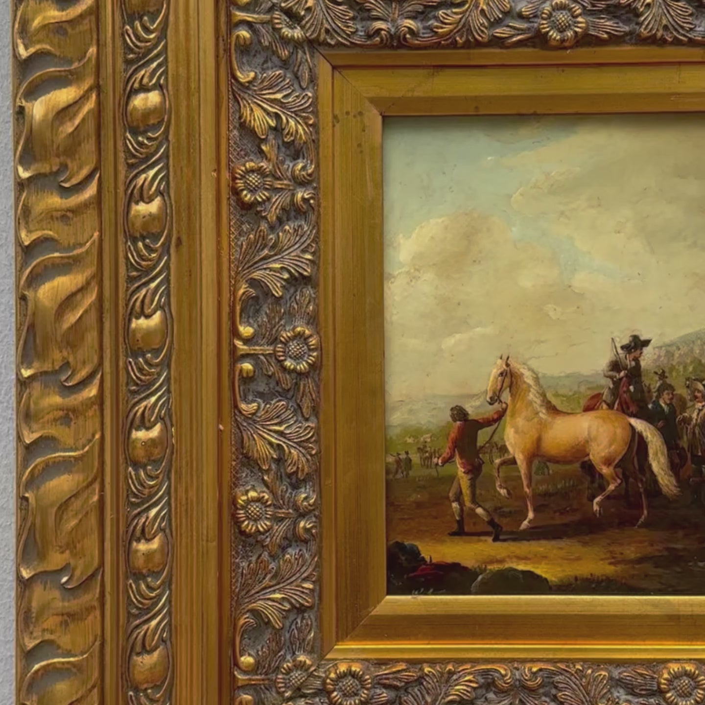 Horse Market Oil Painting | Chestnut Horse & Mounted Gentleman | Gold Frame | Mid-20th C. | 21.7×23.6in