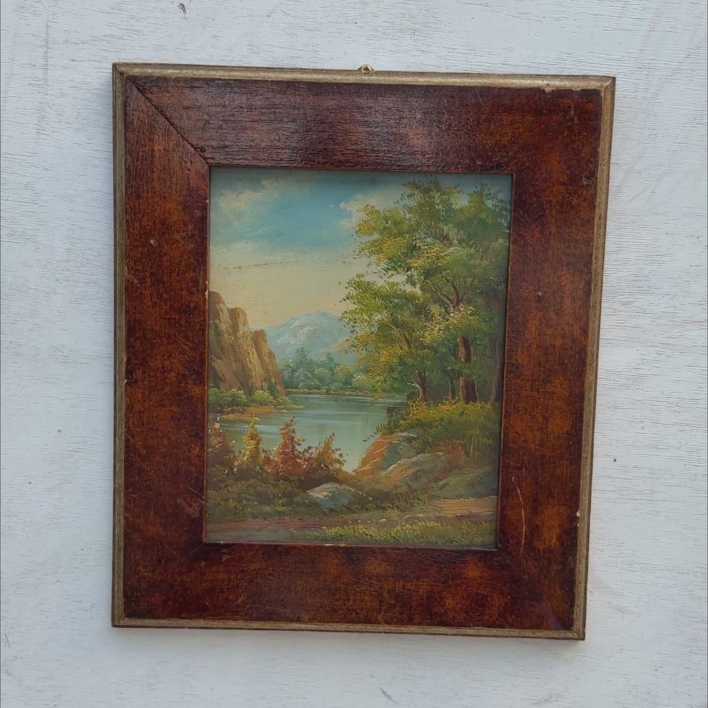 Original Hudson River School Style Landscape Oil Painting, Antique Framed Lake Art for Cabin Decor