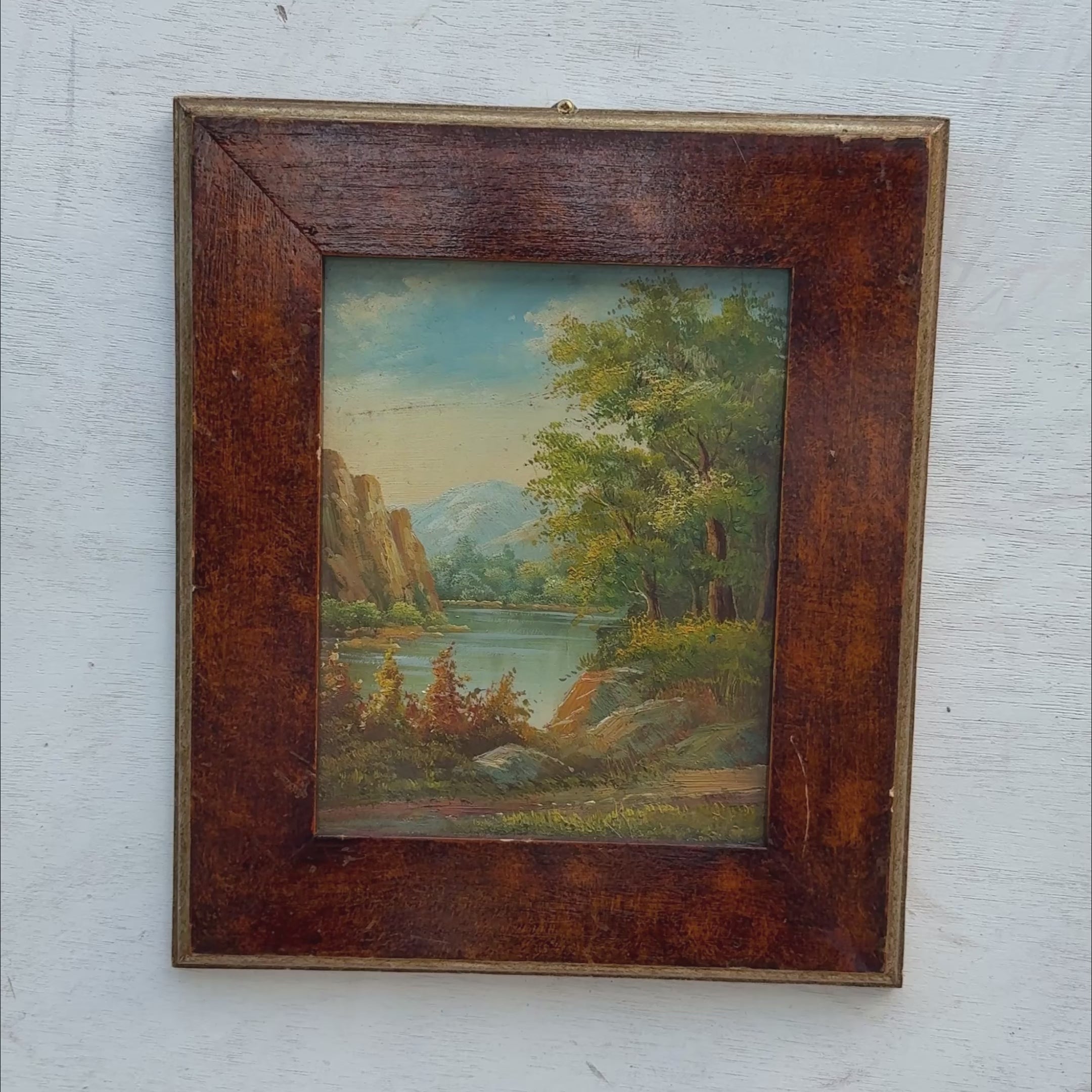 Original Hudson River School Style Landscape Oil Painting, Antique Framed Lake Art for Cabin Decor