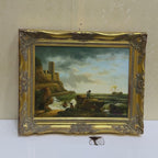 Coastal Tower in Storm | Vintage Seascape Oil Painting | Ornate Gold Frame | 19.7×16.1in
