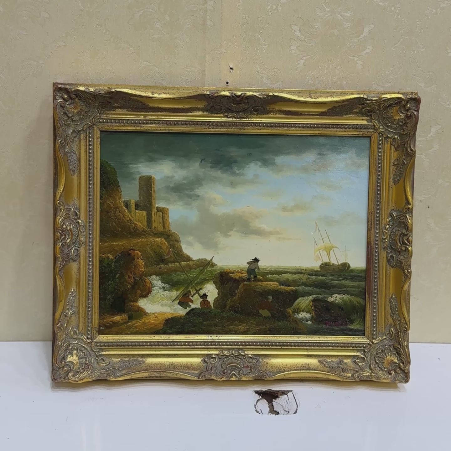 Coastal Tower in Storm | Vintage Seascape Oil Painting | Ornate Gold Frame | 19.7×16.1in