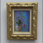 Signed Floral Still Life Oil Painting by Chieko | Wisteria & Purple Blooms | Gold Carved Frame 32×39cm