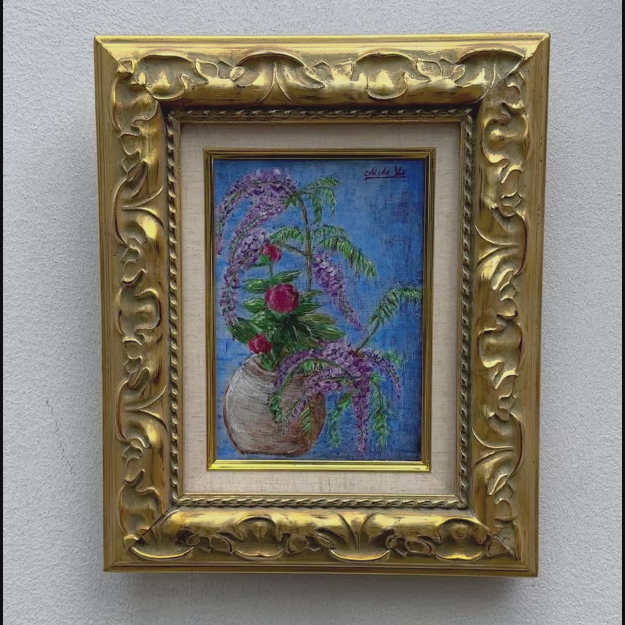 Vintage Floral Still Life Hand-Painted Oil Painting | Gold Carved Solid Wood Frame 32x39cm