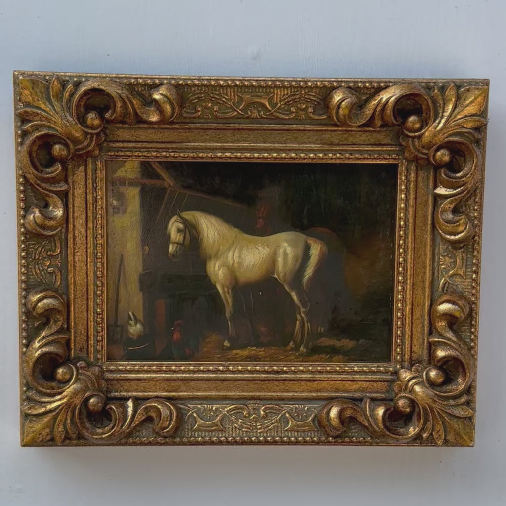 Vintage Horse Oil Painting | Baroque Carved Gold Frame | Mid-20th Century Artwork 26x21cm
