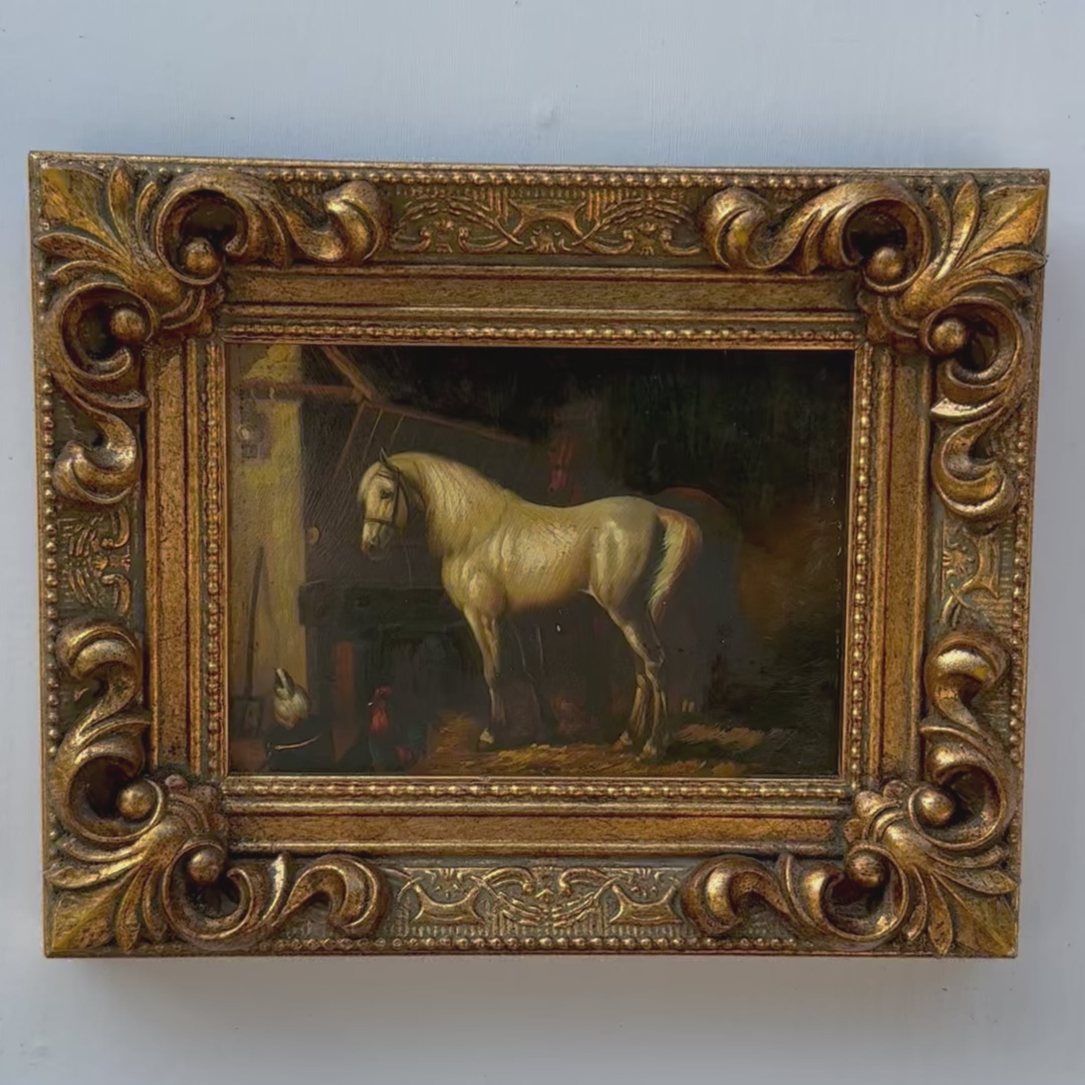 Vintage Horse Oil Painting | Baroque Carved Gold Frame | Mid-20th Century Artwork 26x21cm