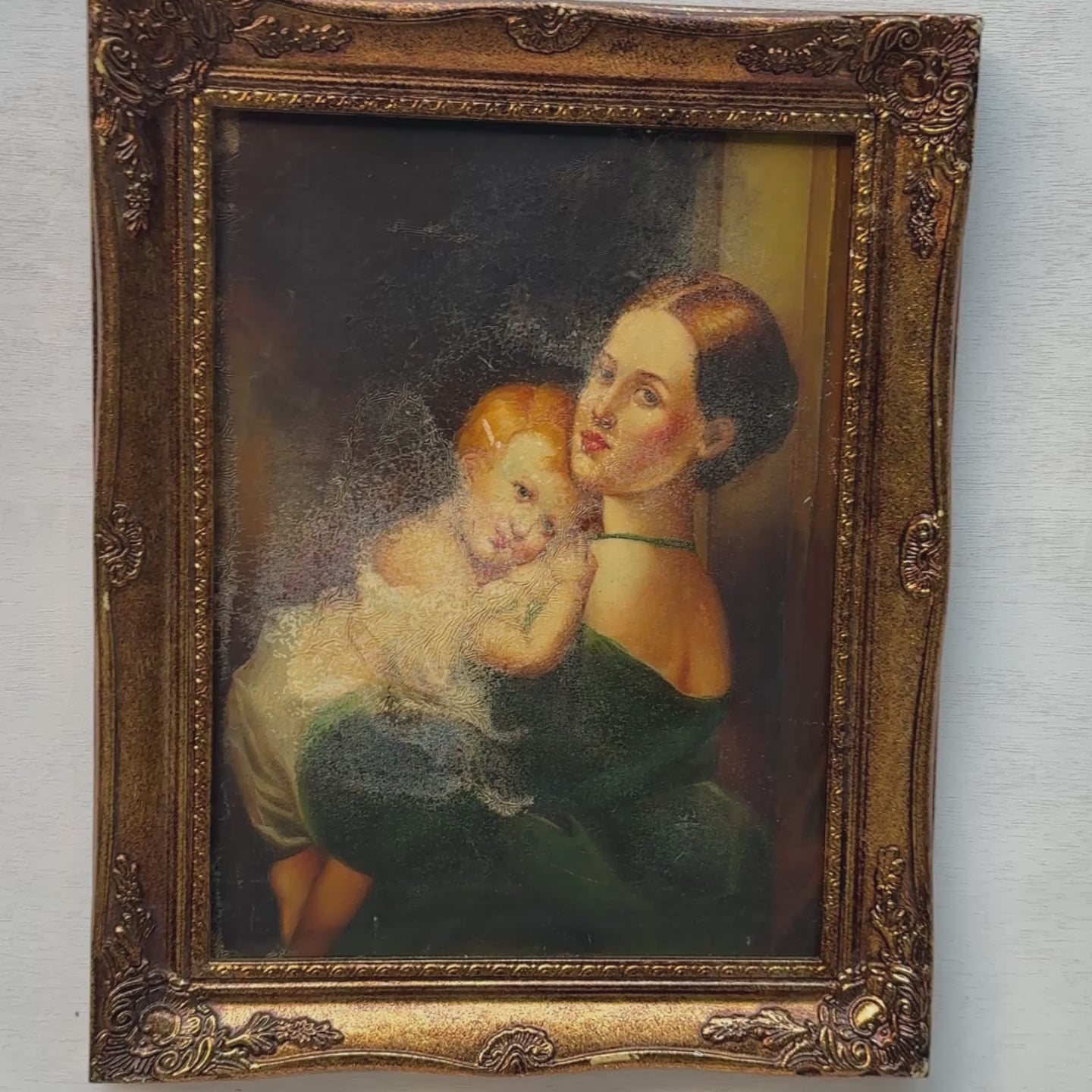 A Quiet Embrace | Vintage Mother and Child Portrait Oil Painting | Ornate Frame | 15.2×19.1in
