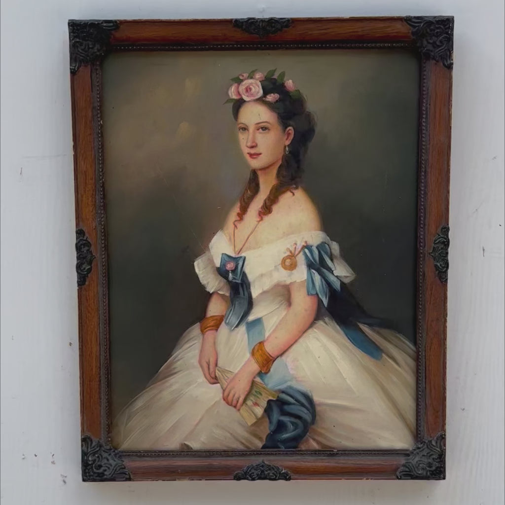 Lady with Blue Sash Oil Painting | White Court Gown & Pink Roses | Dark Carved Frame | 32×39cm