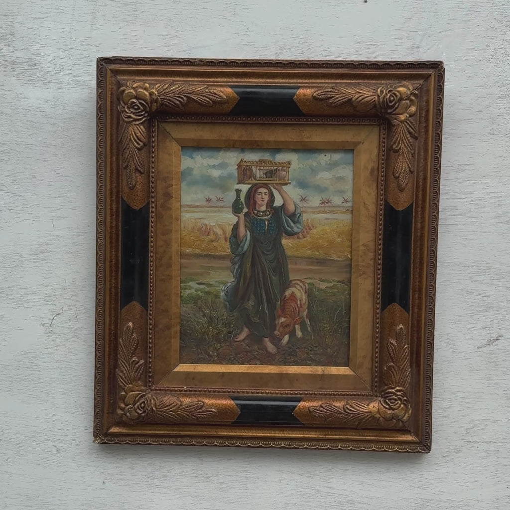 Allegorical Folk Woman with Lamb Oil Painting | Golden Field | Black & Gold Frame | Original 1930s
