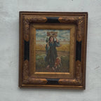 Original Vintage European Folk Woman Oil Painting with Lamb, Framed Pastoral Figure Art