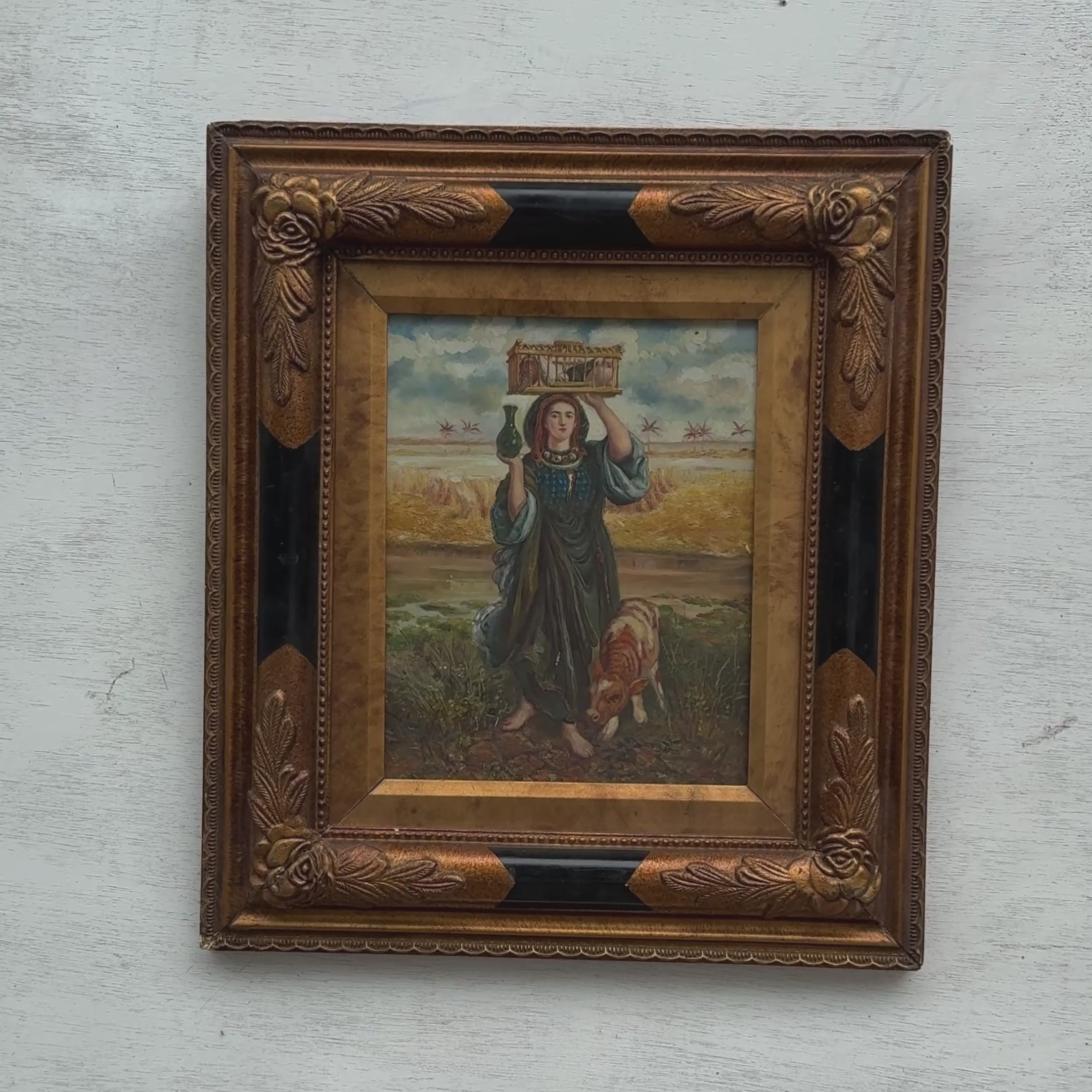 Original Vintage European Folk Woman Oil Painting with Lamb, Framed Pastoral Figure Art