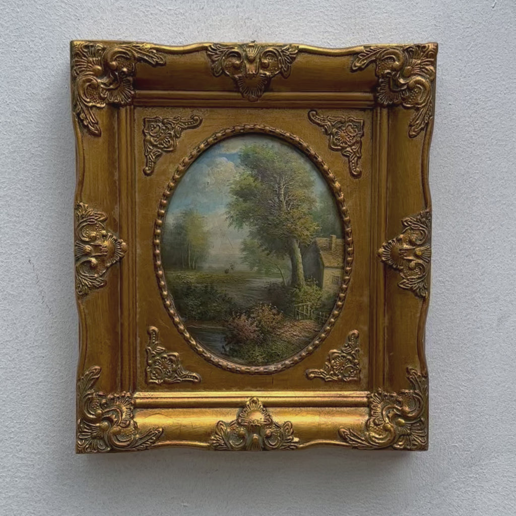 Vintage European Pastoral Landscape Oil Painting｜One-of-a-Kind Hand-Painted Artwork with Ornate Wood Frame 52x62cm