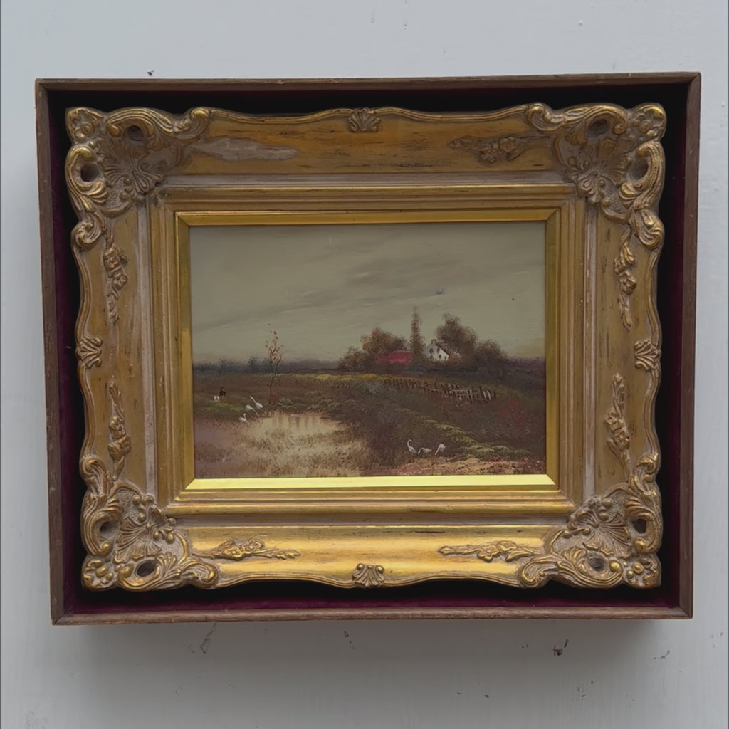 Original Barbizon Style Moody Landscape Hand-Painted Oil Painting in Burgundy Velvet Shadow Box with Scalloped Gold Frame