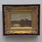 Original Barbizon Style Moody Landscape Hand-Painted Oil Painting in Burgundy Velvet Shadow Box with Scalloped Gold Frame