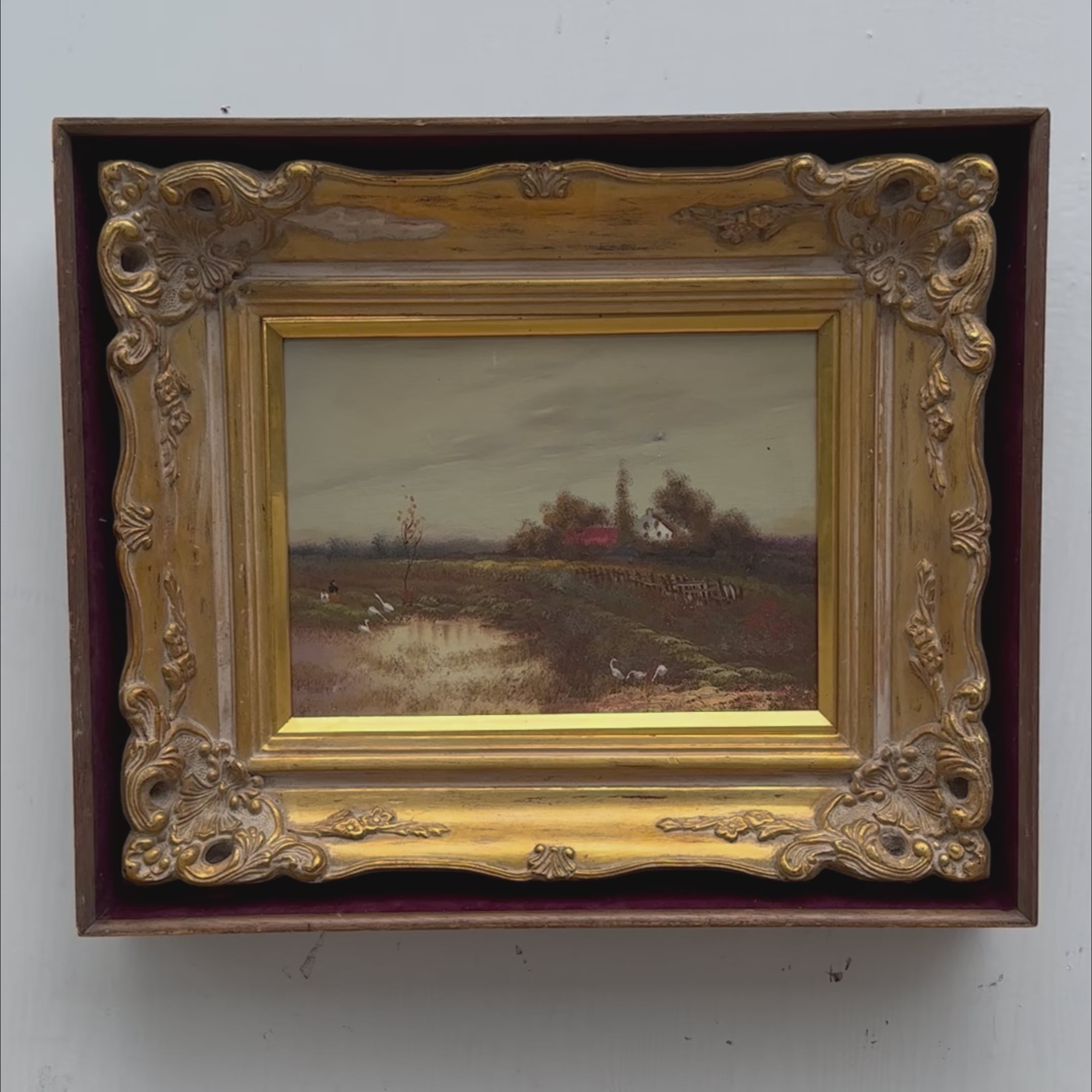 Original Barbizon Style Moody Landscape Hand-Painted Oil Painting in Burgundy Velvet Shadow Box with Scalloped Gold Frame