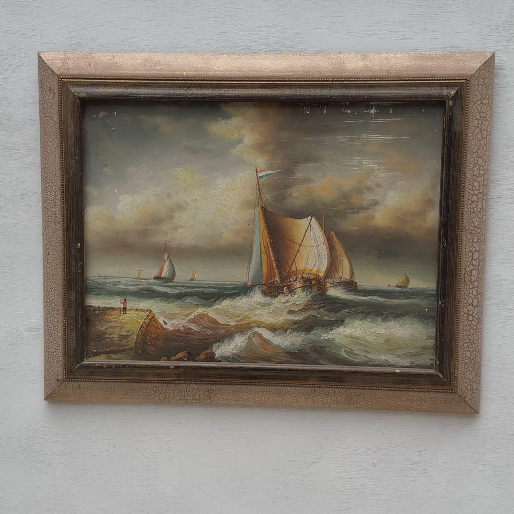 Stormy Seascape Sailing Ships Oil Painting | Dramatic Maritime Art | Gold Frame | Original 1960s | 50×40cm