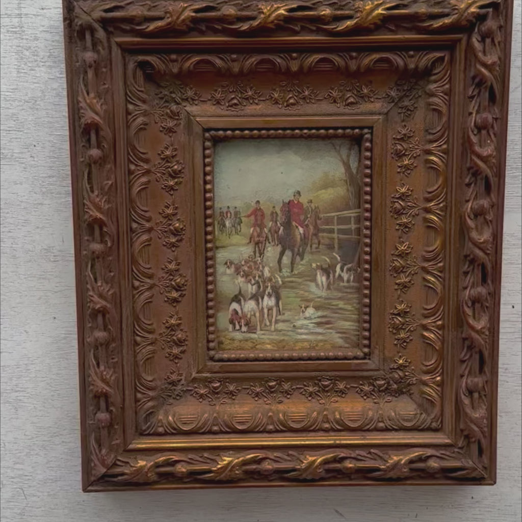 British Fox Hunt Oil Painting | Scarlet Riders & Hounds Crossing Stream | Bronze Gold Frame | Original 1970s