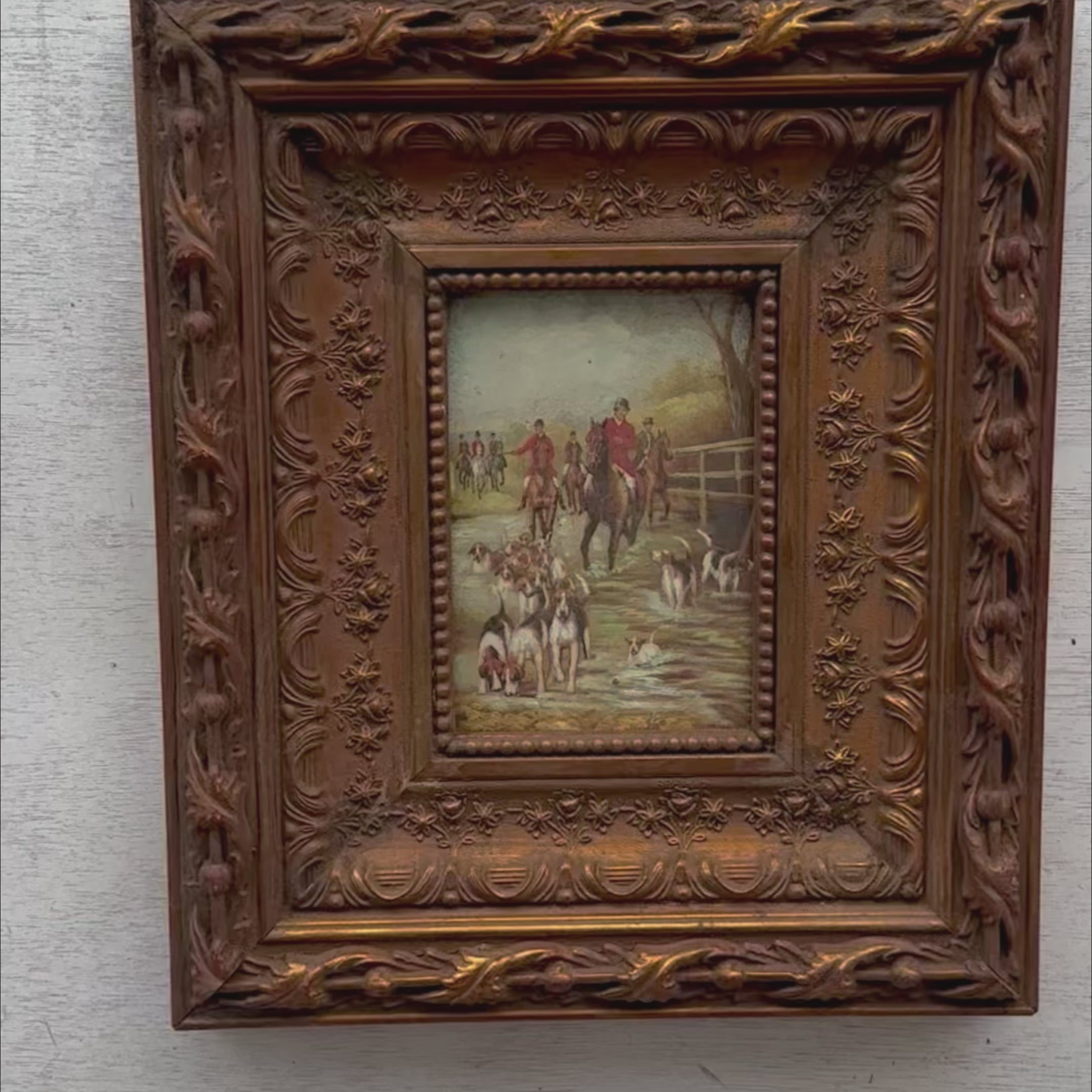 Vintage Hunting Painting, European Horse and Hounds Art for Rustic Lodge Decor 32x37cm