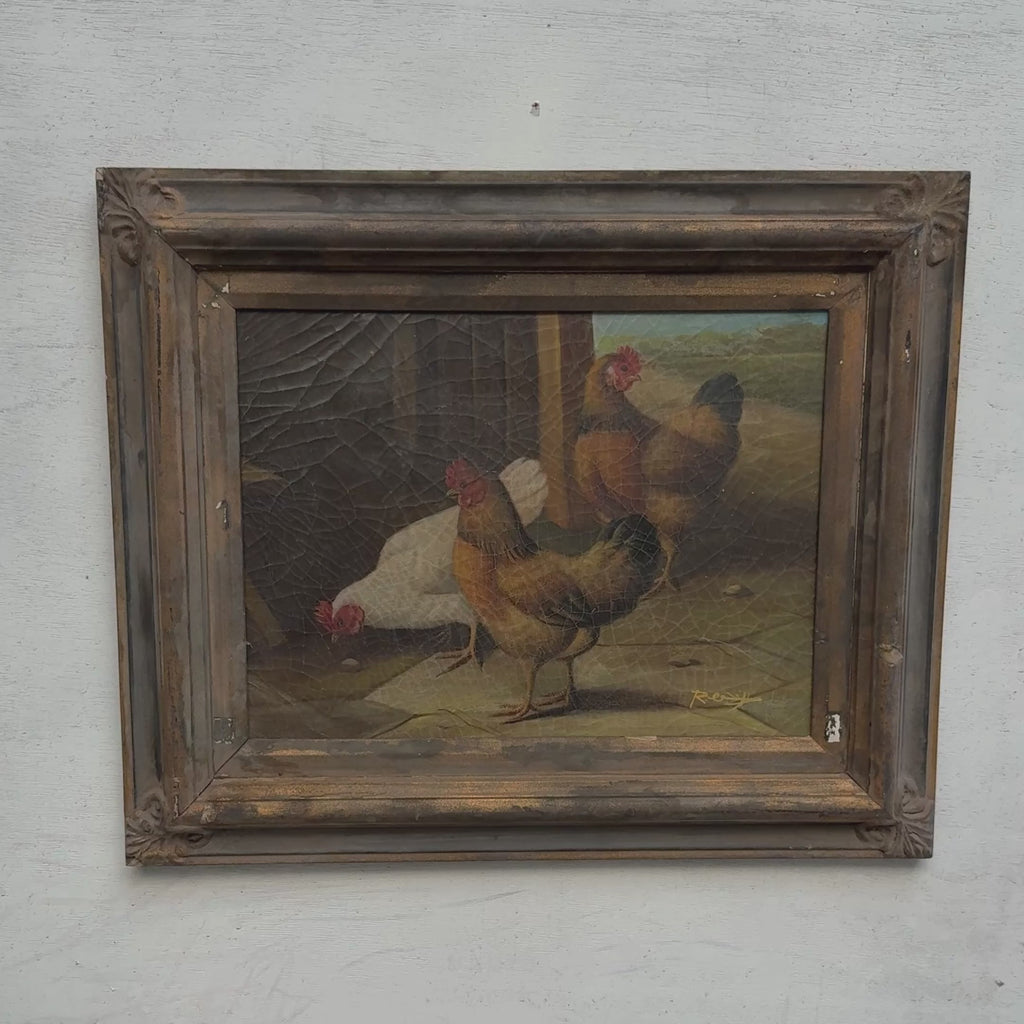 Rooster & Hens in Country Courtyard Oil Painting | Natural Craquelure | Dark Carved Frame | Original circa 1935