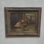 Rooster & Hens in Country Courtyard Oil Painting | Natural Craquelure | Dark Carved Frame | Original circa 1935