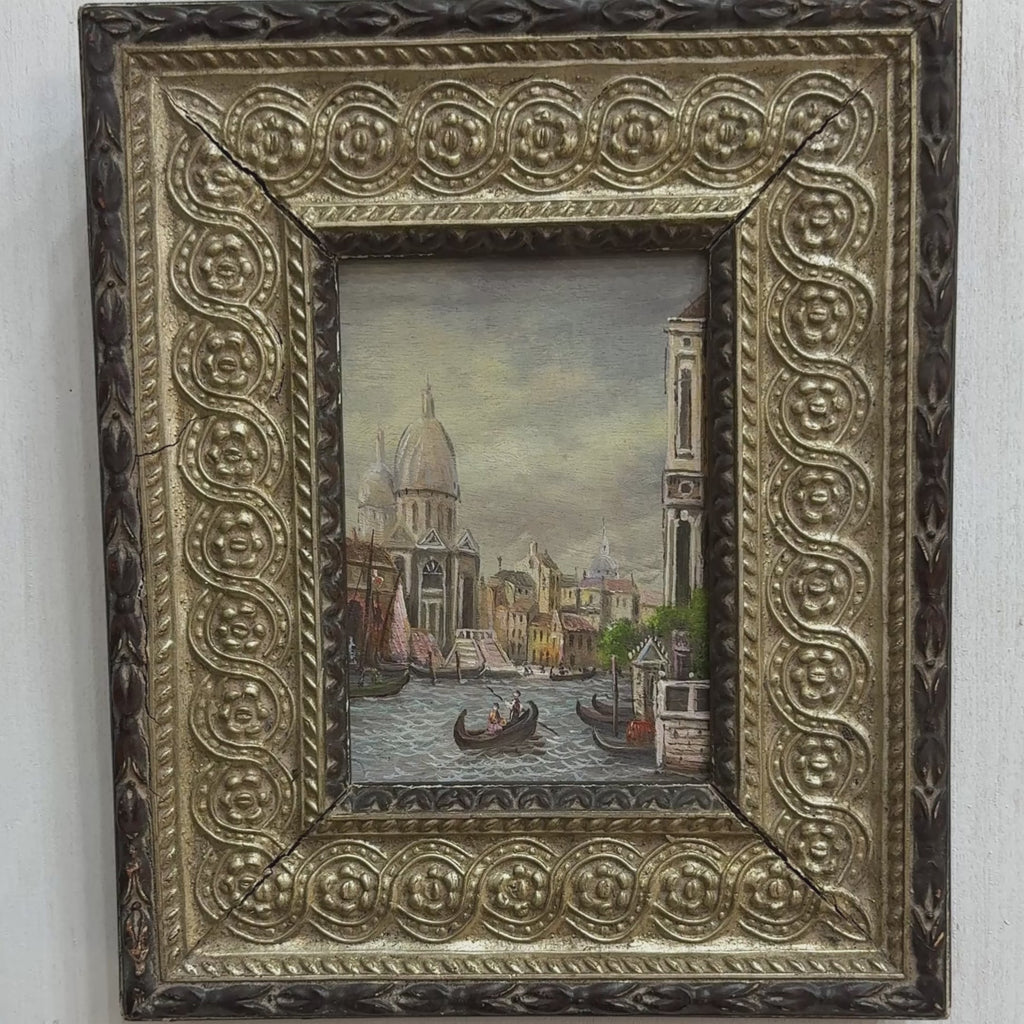 Venice Canal Oil Painting | Gondolas & Cathedral Dome | Bronze Gold Gesso Frame | Original circa 1966 | 26×31cm
