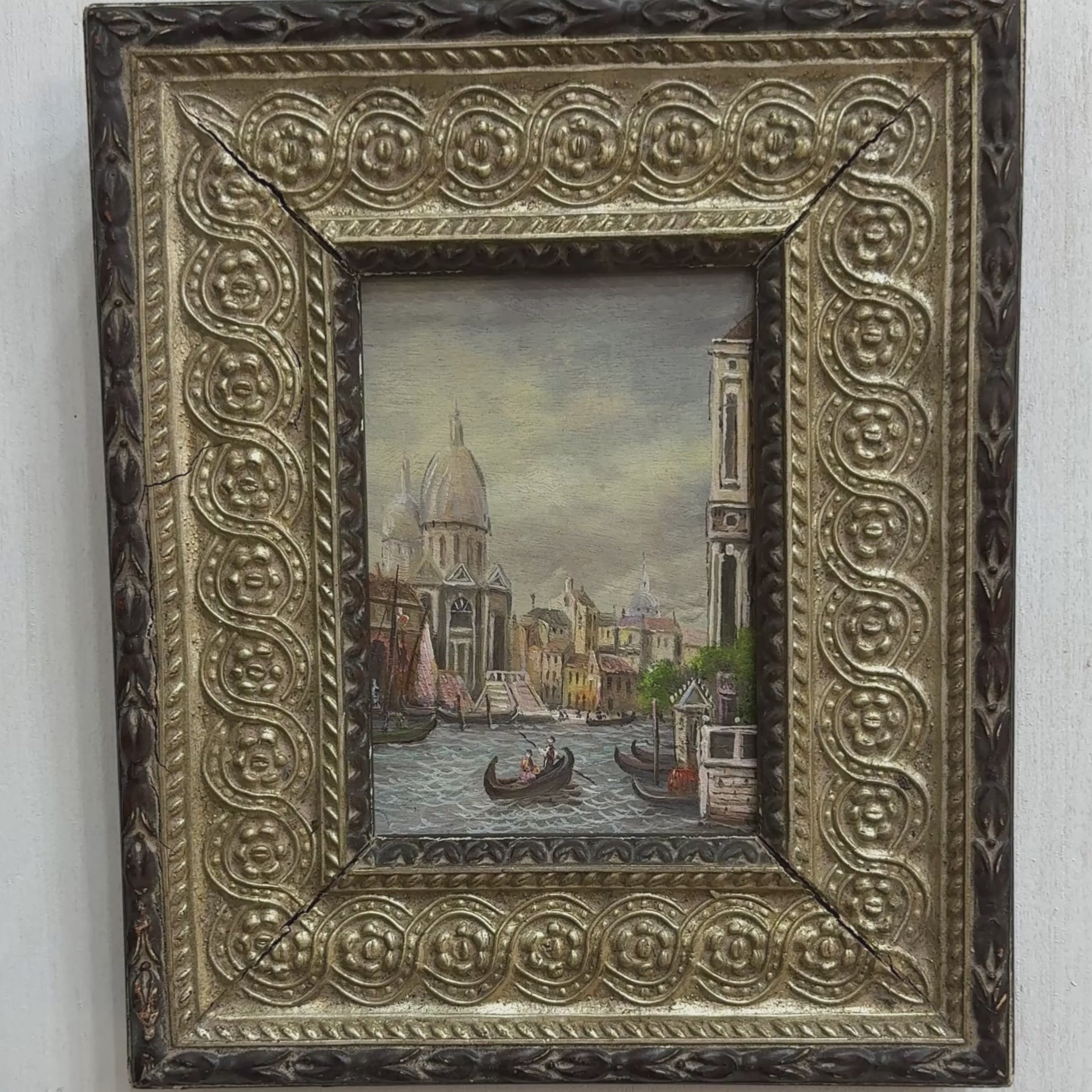 Venice Canal Landscape Oil Painting | Artwork on a Hand-Painted Tablet | with Carved Wooden Frame