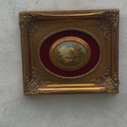 Miniature Oval Landscape Cameo Oil Painting | Crimson Velvet Mat | Gold Frame | Original 1950s
