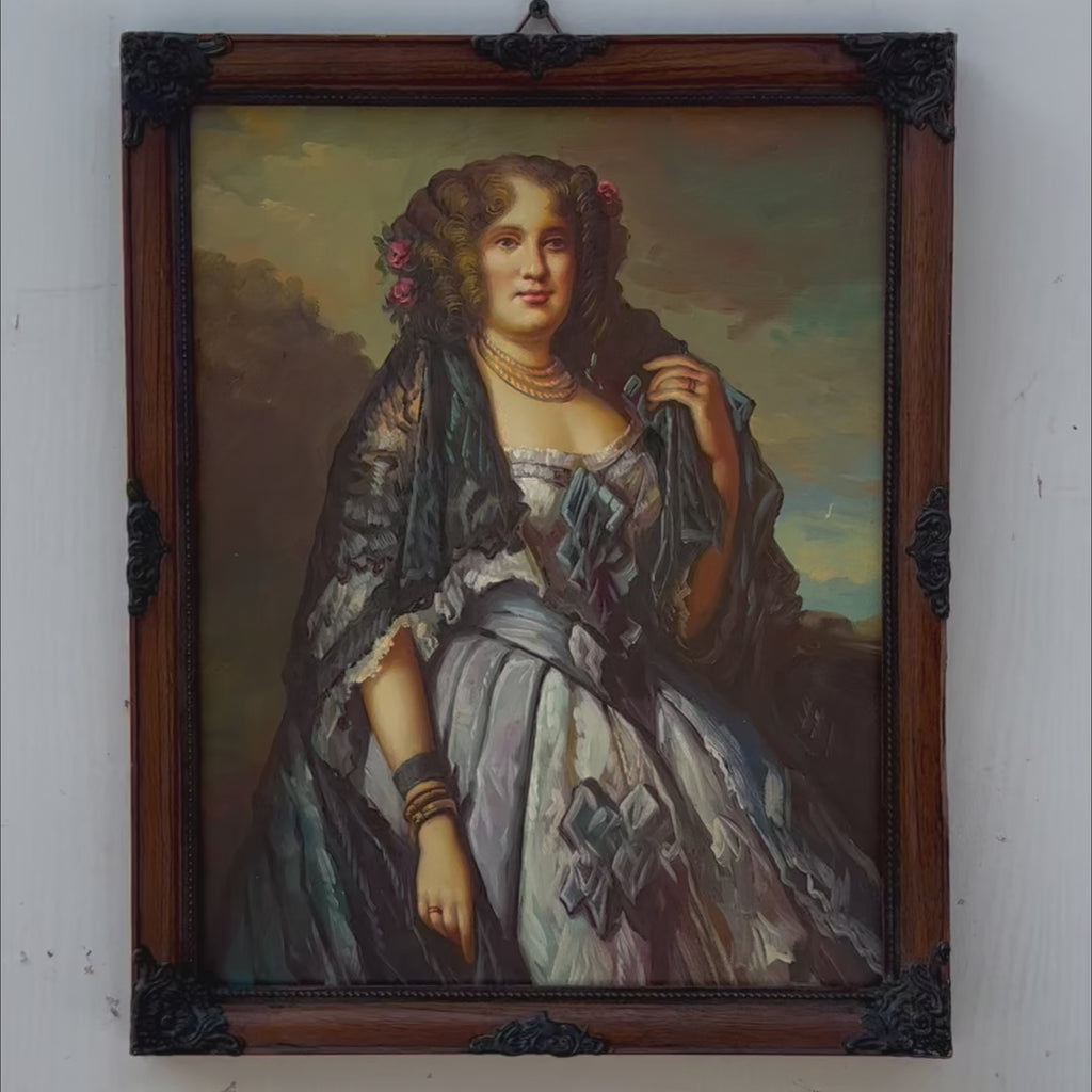 Portrait of a Noblewoman Oil Painting | Court Gown & Jewelry | Dark Carved Wood Frame | Original 1960s | 32×39cm