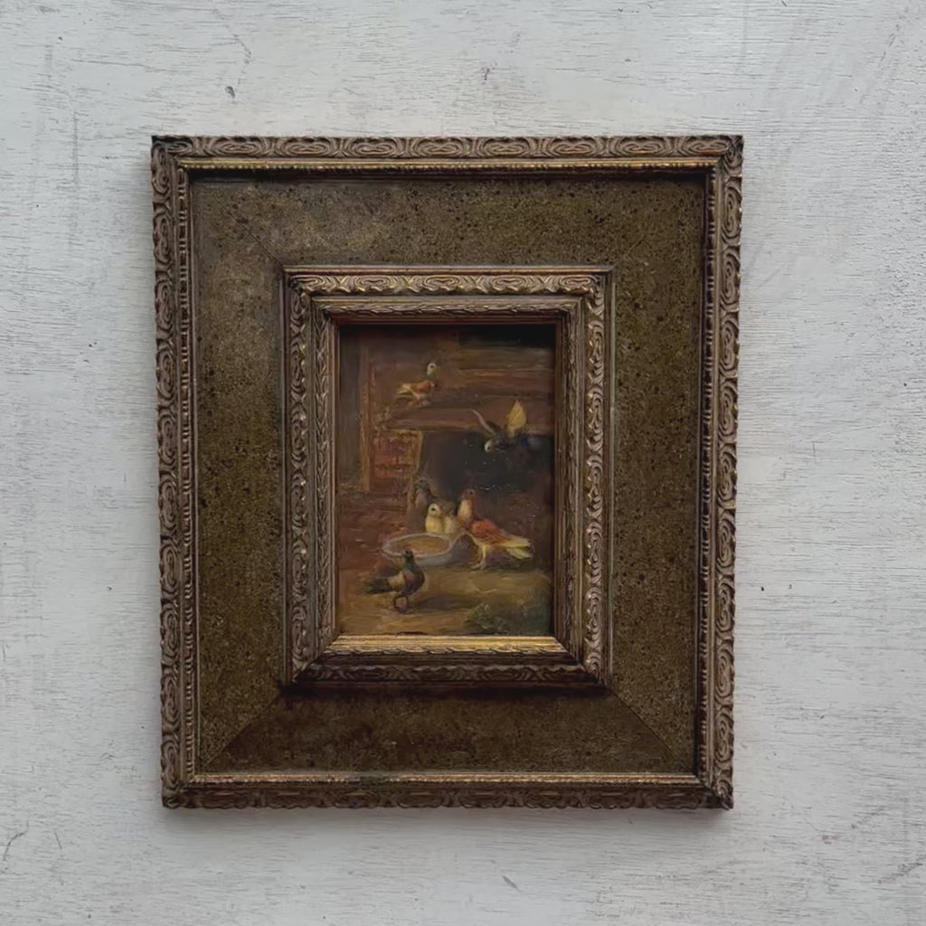 Farmyard Birds at Feeding Bowl Oil Painting | Rustic Courtyard Scene | Carved Frame | Original 1950s