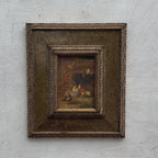 Farmyard Birds at Feeding Bowl Oil Painting | Rustic Courtyard Scene | Carved Frame | Original 1950s
