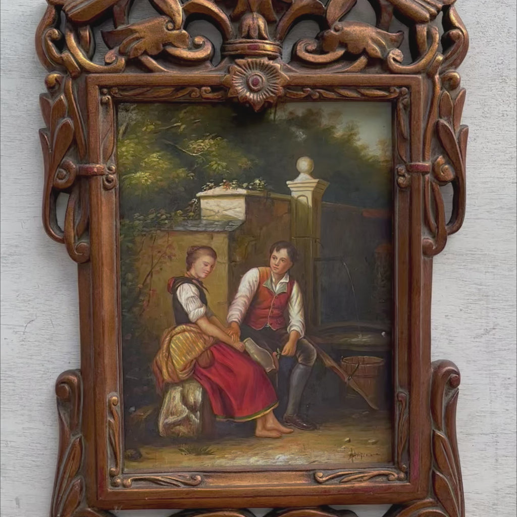 Couple by the Well Oil Painting | Signed Artise | Openwork Bronze Gold Frame | Original circa 1965 | 45×65cm