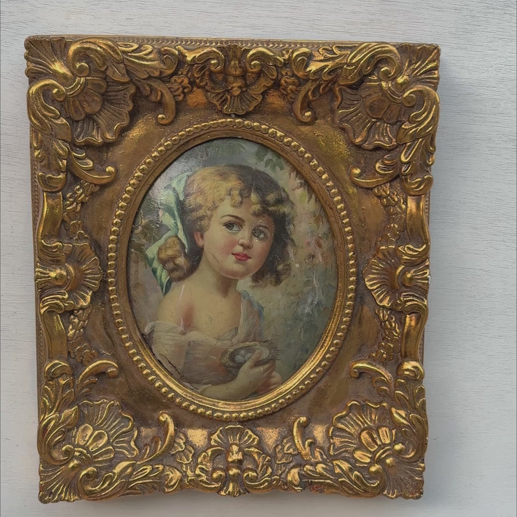 Girl with Bird's Nest Oval Oil Painting | Convex Panel | Antiqued Gold Frame | Original 1960s | 32×37cm