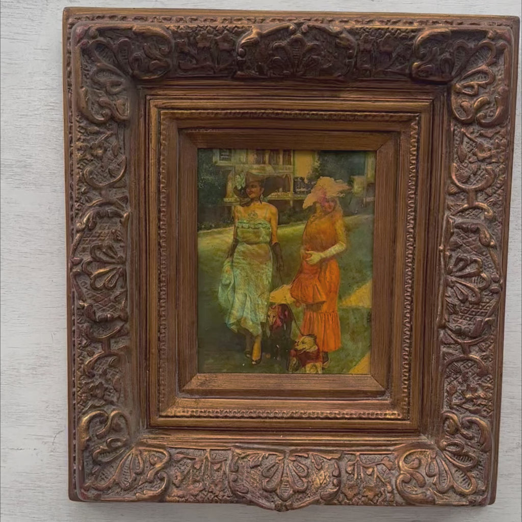 Belle Époque Ladies Walking Dogs Oil Painting | Cobblestone Street | Baroque Gold Frame | Original 1940s | 45×50cm