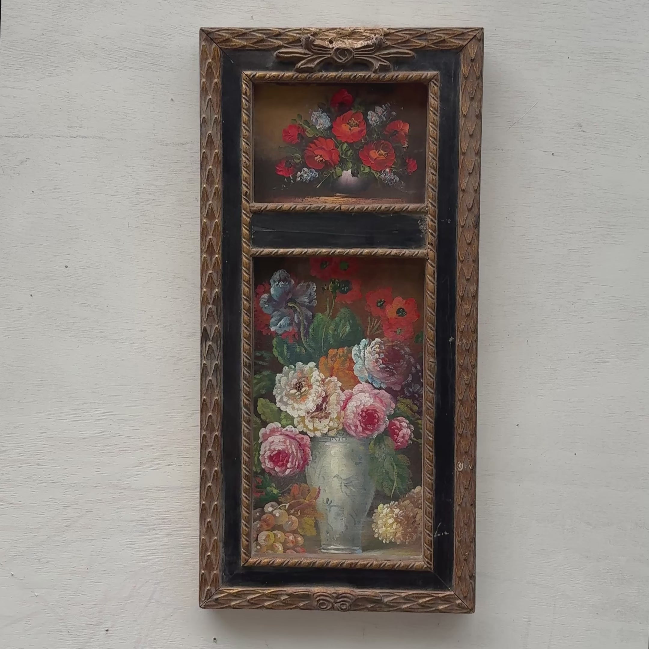 Original Floral Still Life Hand-Painted Canvas Art, Moody Cottagecore Framed Painting with Ribbon Crest (with Frame 27 × 55 cm )