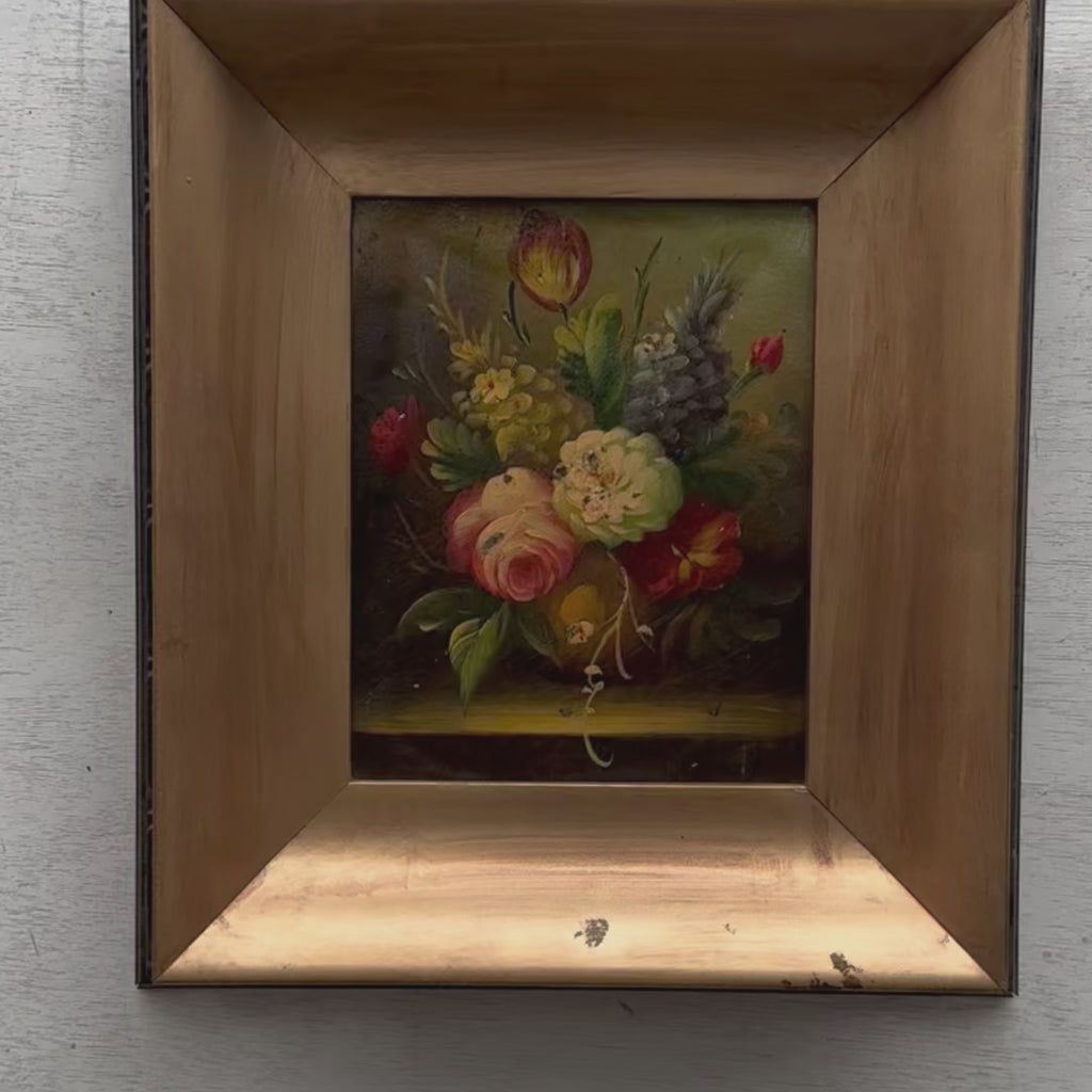Roses & Wildflowers Still Life Oil Painting | Dark Background | Deep Gold Frame | Original 1950s | 37×42cm