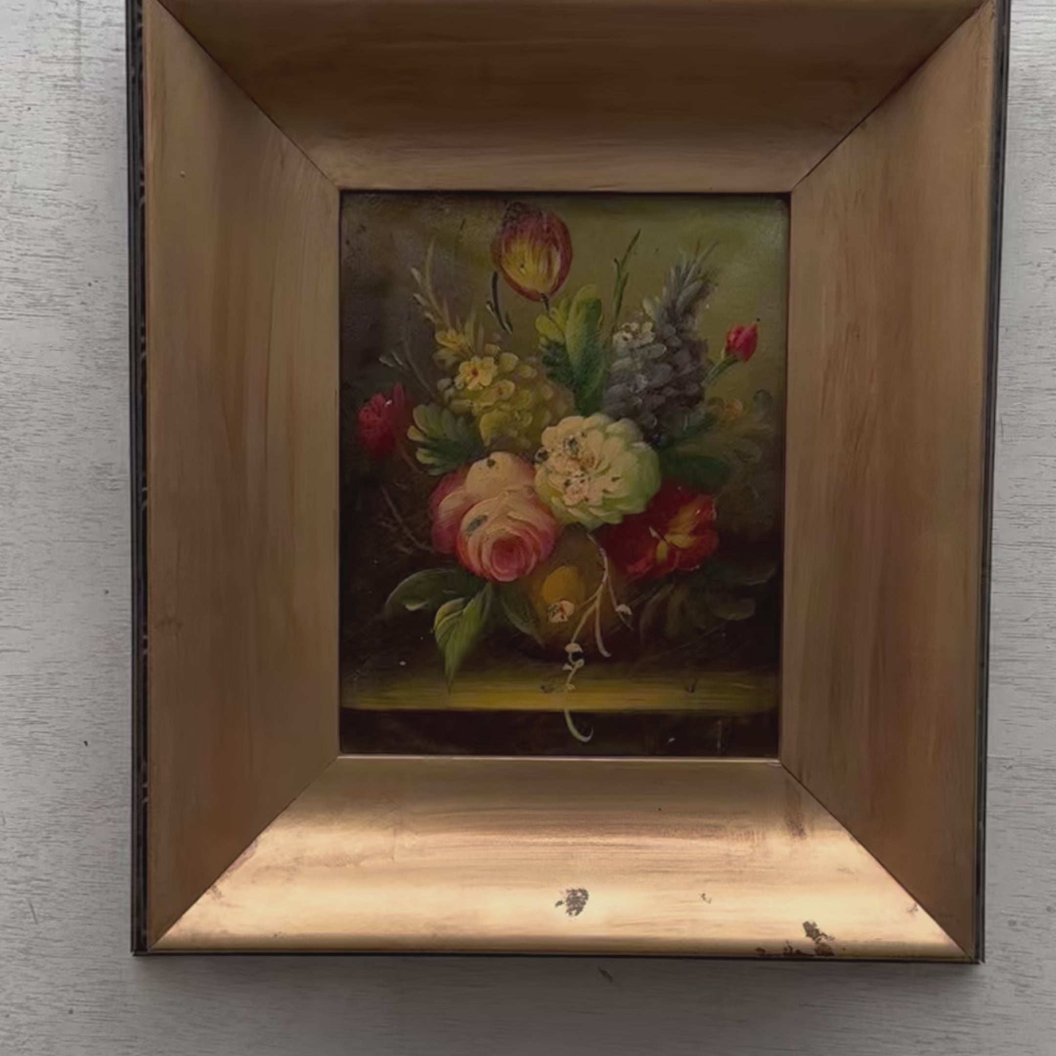 Roses & Wildflowers Still Life Oil Painting | Dark Background | Deep Gold Frame | Original 1950s | 37×42cm