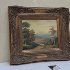 Country Road into the Valley Oil Painting | Signed | Cattle & Blue Hills | Late 20th C. | 15.7×13.8in