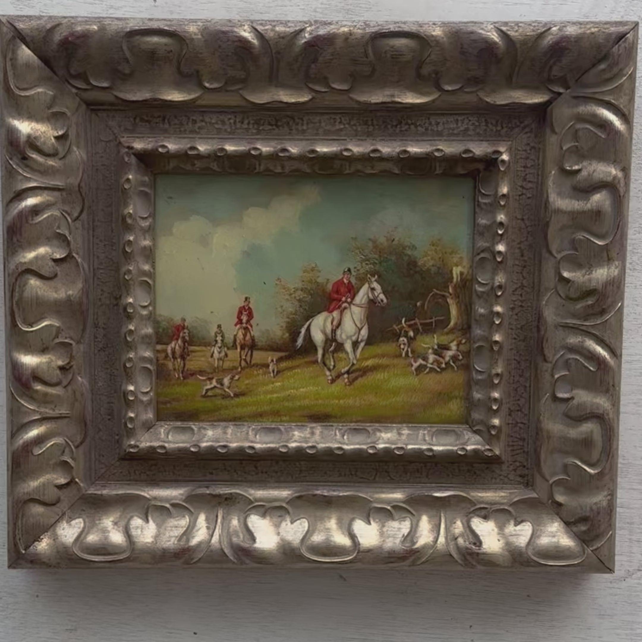 Old World Hunting Oil Painting, Rustic Framed Countryside Wall Art 44.5x39.5cm