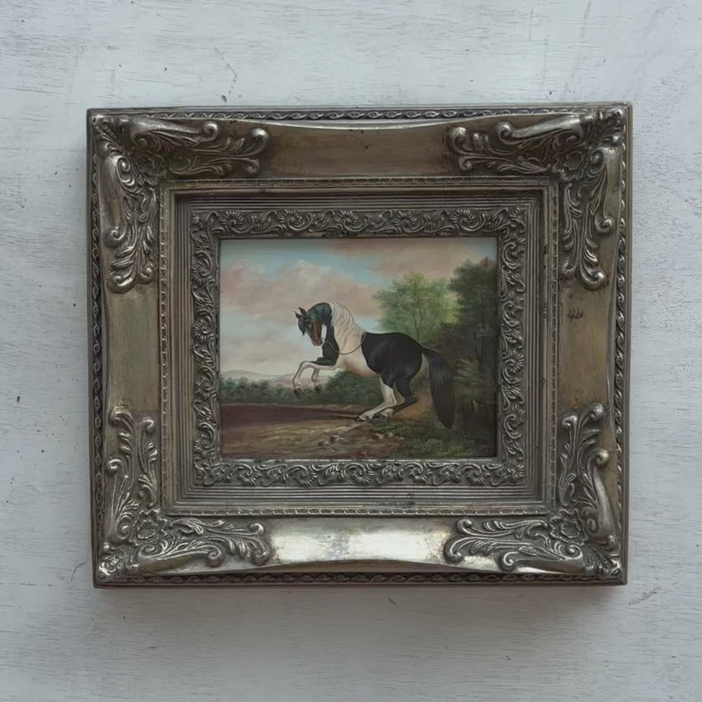 Rearing Piebald Horse Oil Painting | Dramatic Equestrian Art | Ornate Silver Frame | Original 1970s