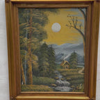 Moonlit Woodland Cabin Oil Painting | Stream & Waterfall | Full Moon | Bronze Gold Frame | Original 1940s | 46×56cm