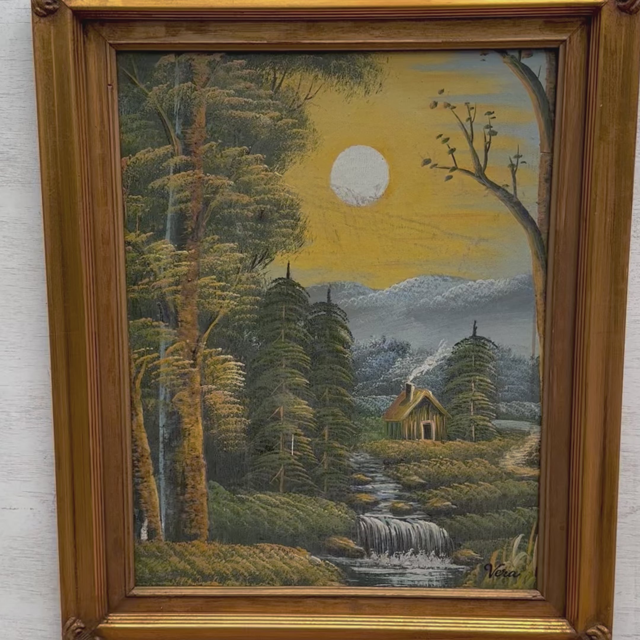 Moonlit Woodland Cabin Oil Painting | Stream & Waterfall | Full Moon | Bronze Gold Frame | Original 1940s | 46×56cm