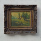 Figures Beside Country Cottage Oil Painting | Sheep & Golden Sky | Dark Bronze Frame | circa 1940s | 15.7×13.8in