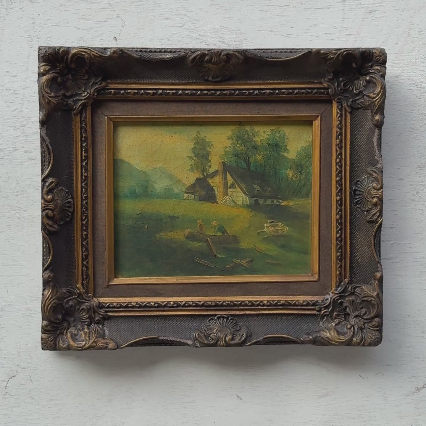 Figures Beside Country Cottage Oil Painting | Sheep & Golden Sky | Dark Bronze Frame | circa 1940s | 15.7×13.8in