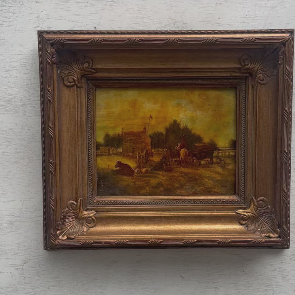 Golden Twilight Homestead Oil Painting | Figures & Livestock | Bronze Gold Carved Frame | Original 1940s | 42×37cm