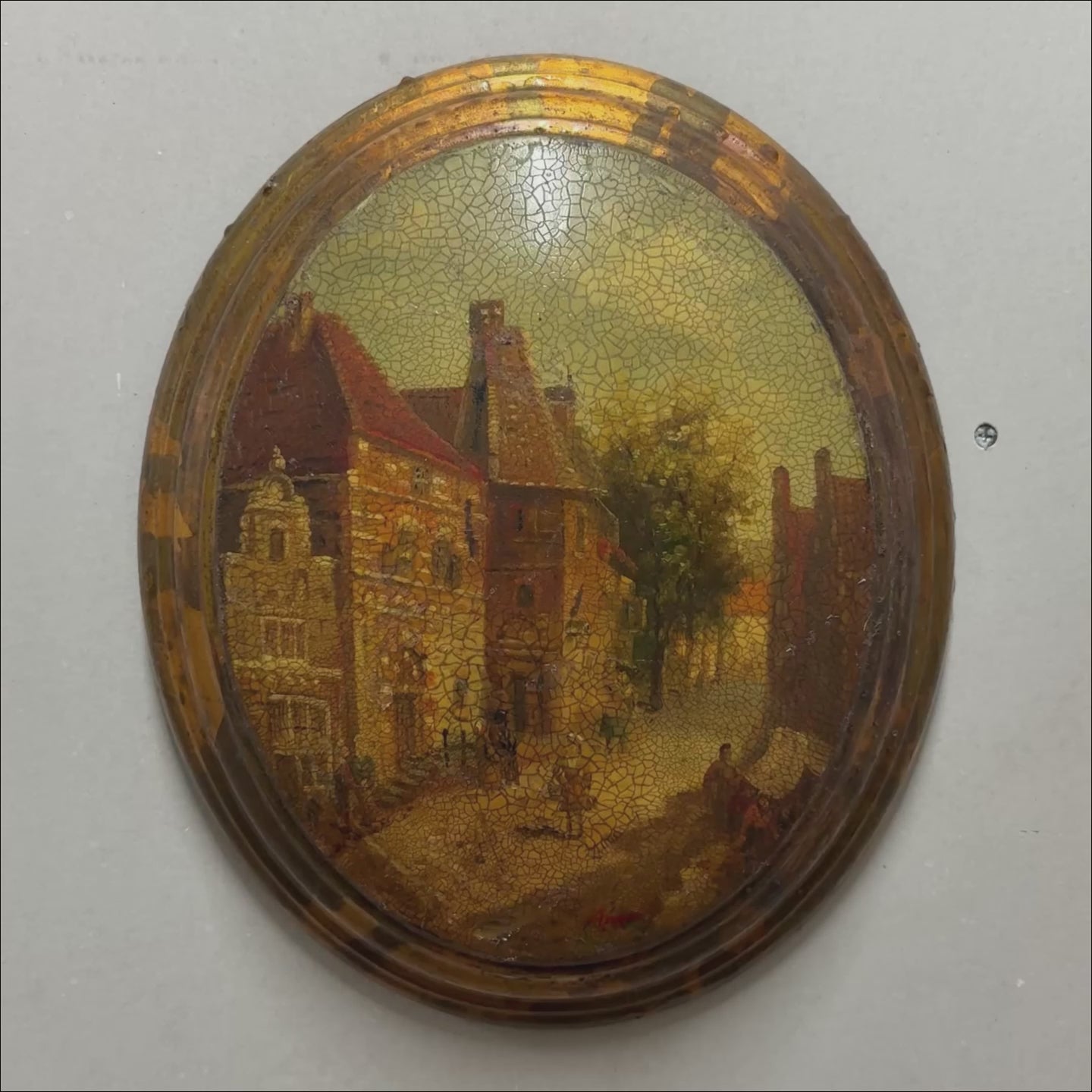 The Old Town Lane | Vintage European Street Scene Oil Painting | Oval, Craquelure | 10.6×12.6in