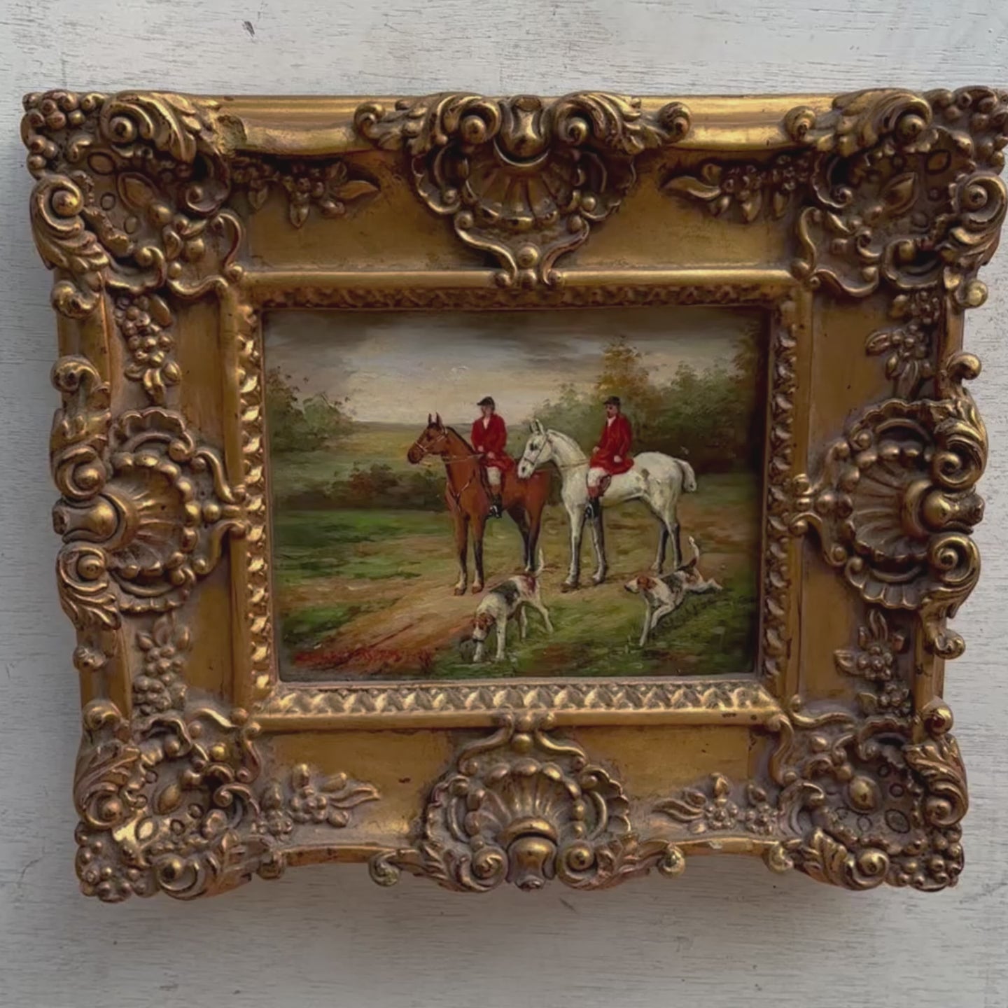The Hunt at Rest | Signed Robert Caspers | Vintage Equestrian Oil Painting | 19.3×15.4in