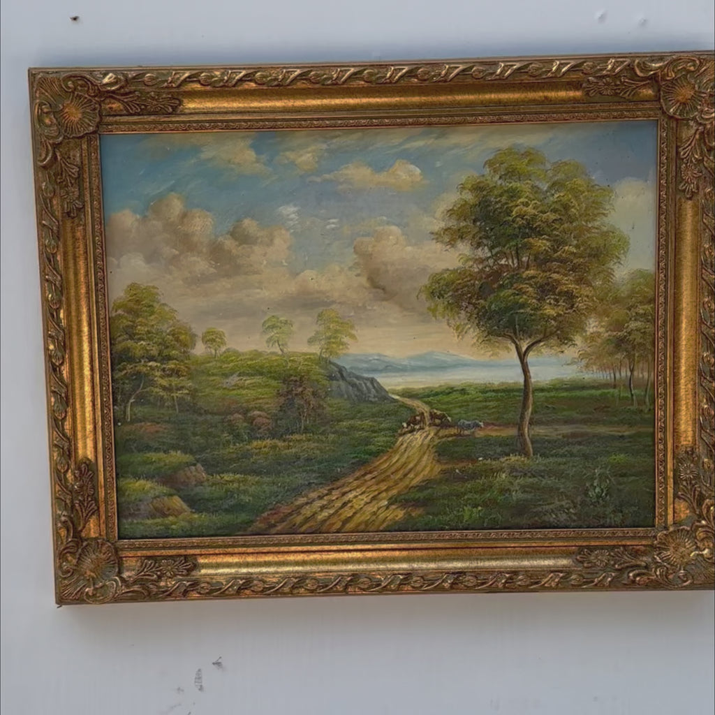 Pastoral Road Oil Painting | Winding Country Road & Livestock | Aged Gold Frame | Original 1970s | 48×39cm