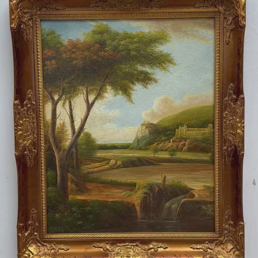 Stream Below Hilltop Ruins Oil Painting | Waterfall & Rolling Hills | Landscape Art |  20.5×24.4in