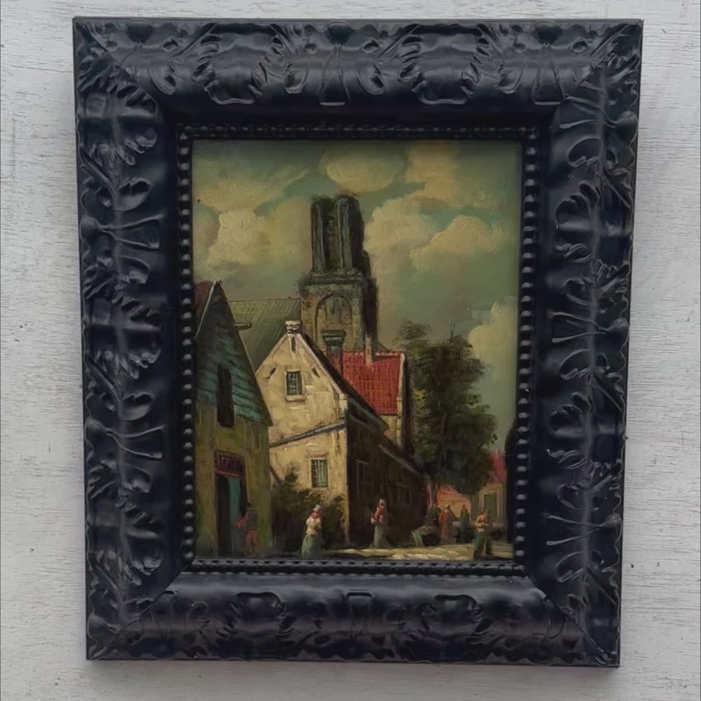 Cathedral Street Scene Oil Painting | Cobblestone & Figures | Matte Black Baroque Frame | Original circa 1965 | 33×37cm