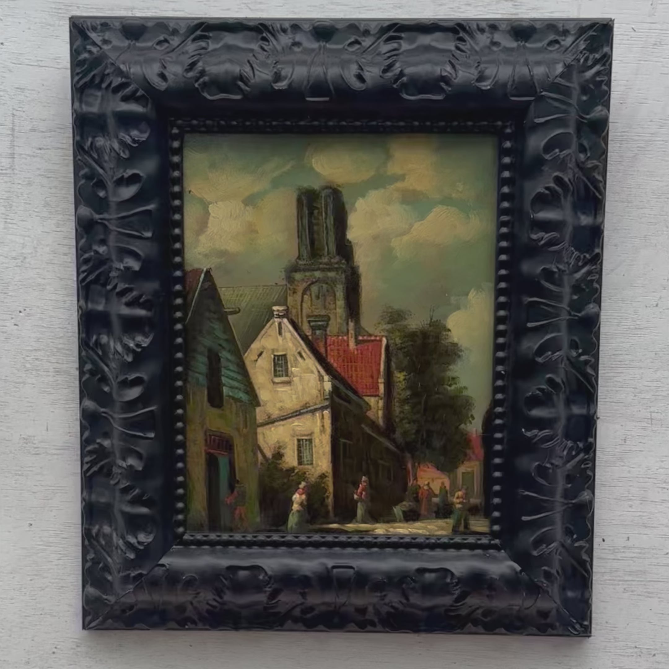 Original Framed Vintage European Village Oil Painting, Church Tower and Street Scene ( with Frame  33 x 37 cm )