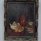 Violin & Books Still Life Oil Painting | Teapot & Fruit | Black Gold Frame | Original 1960s | 45×55cm